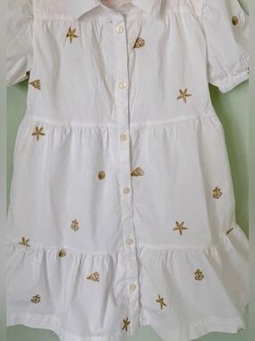 Girls Vineyard Vines White Button-Front Tiered Dress Gold Seashells🐚 XS 5/6